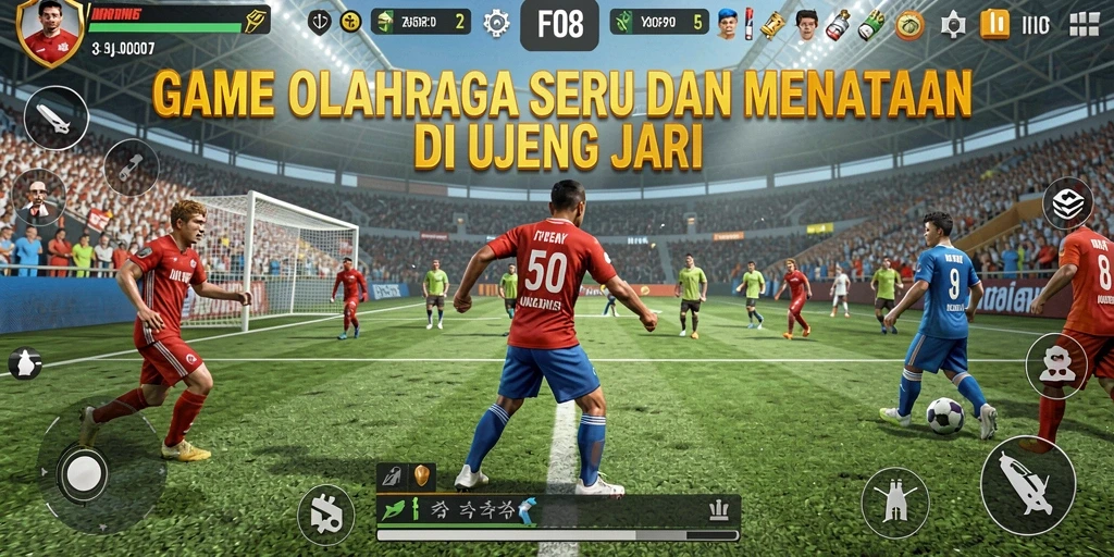 Screenshot utama FO8 menampilkan aksi seru dalam pertandingan olahraga.