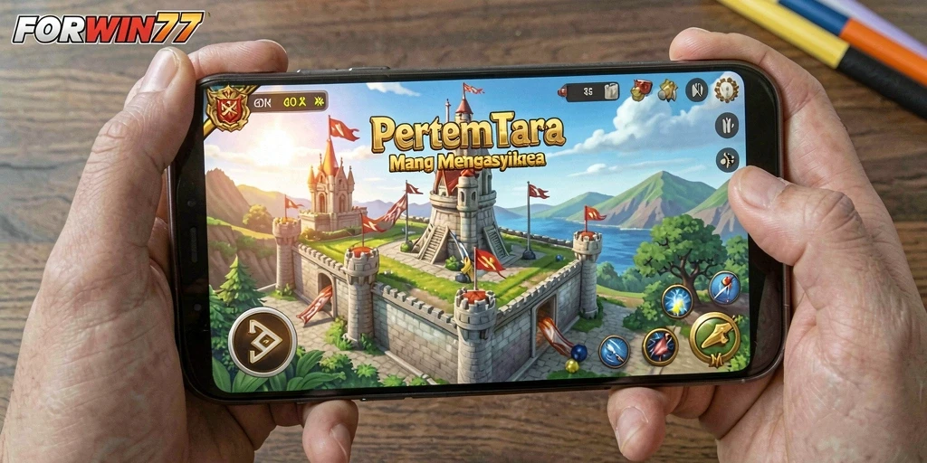Tangkapan layar gameplay FORWIN77 yang menampilkan strategi Tower Defense.
