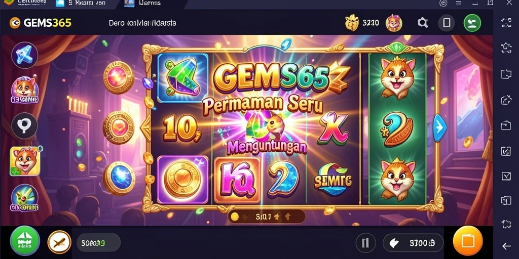 Screenshot gameplay GEMS365 menampilkan putaran Slot yang penuh warna.
