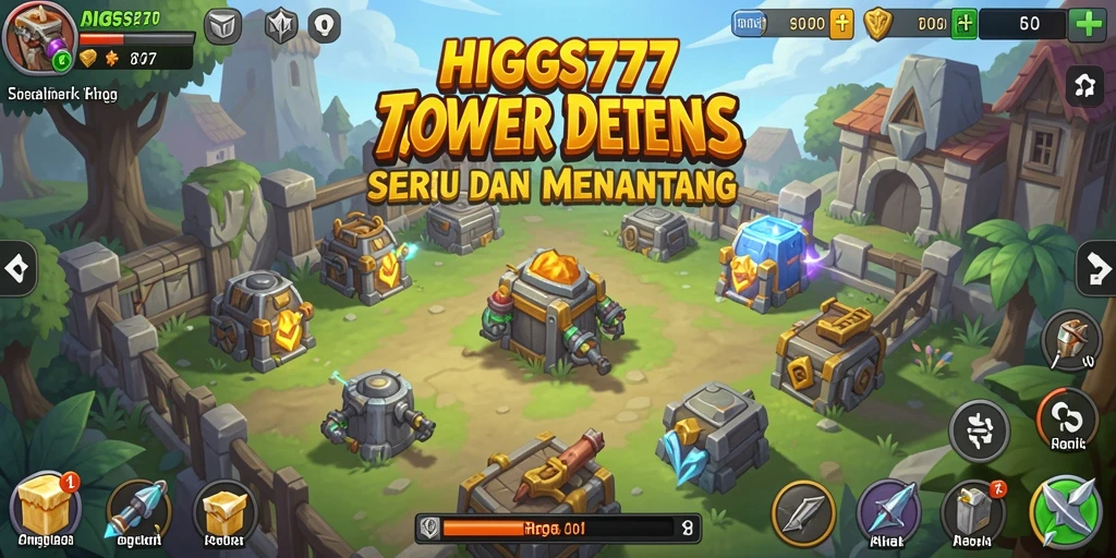 Screenshot HIGGS777 menampilkan aksi menara dalam pertarungan melawan musuh.