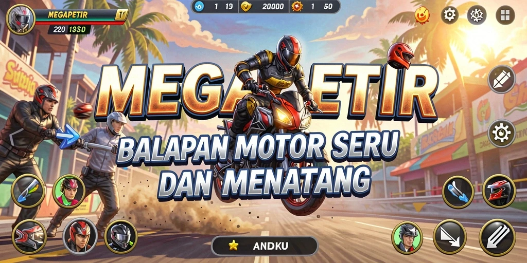 Tangkapan layar MEGAPETIR yang menampilkan aksi balapan motor yang mendebarkan.