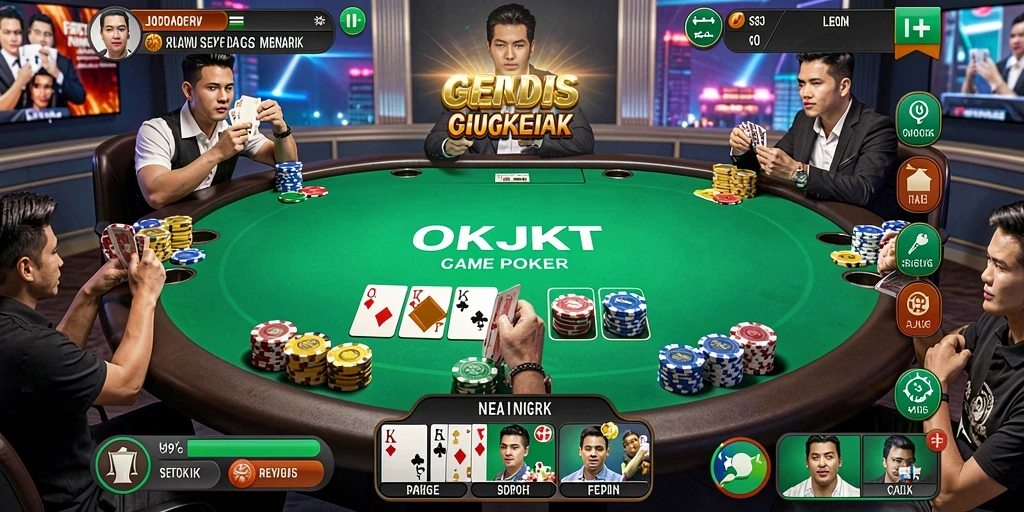 Tampilan utama gameplay OKJKT dengan aksi Poker yang seru.