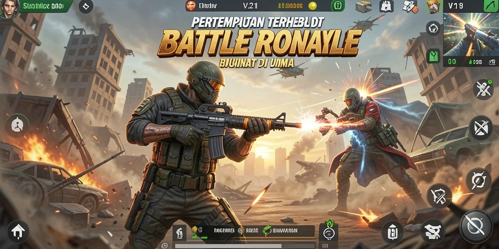 Gameplay V21 yang mendebarkan di arena Battle Royale.